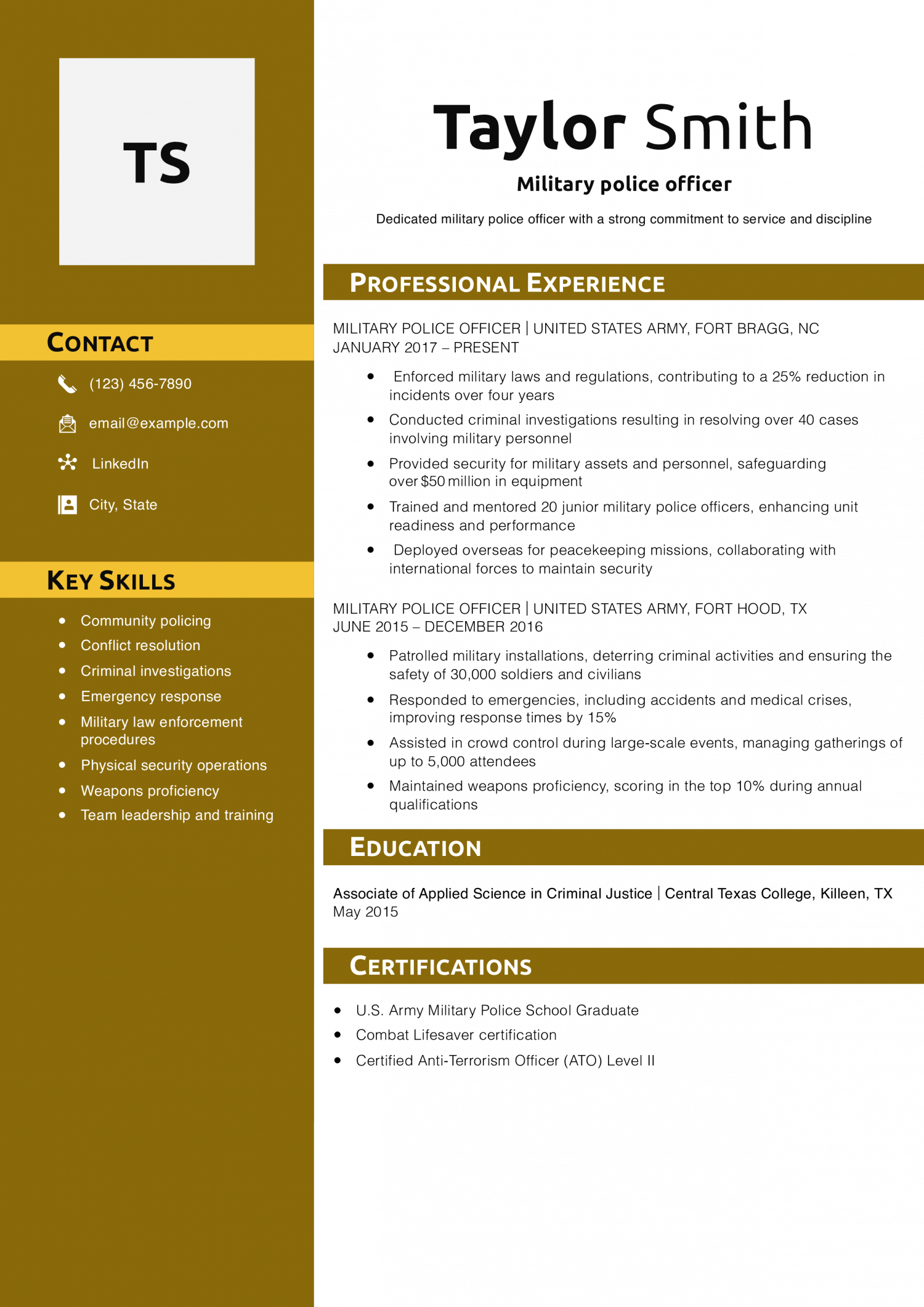 Military police officer resume example