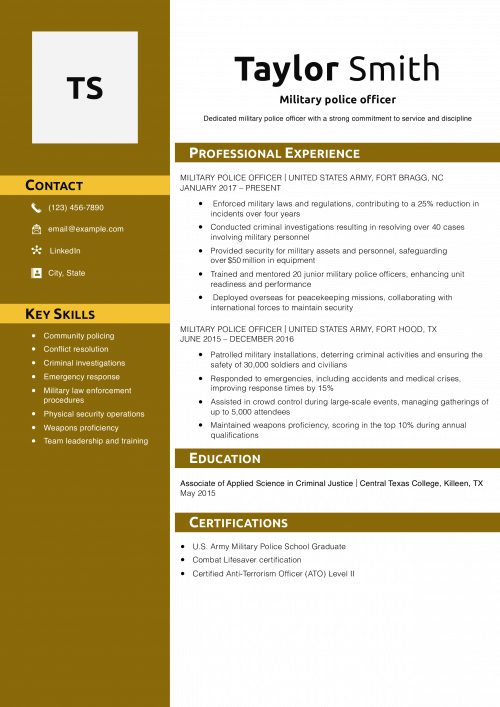 Military police officer resume example