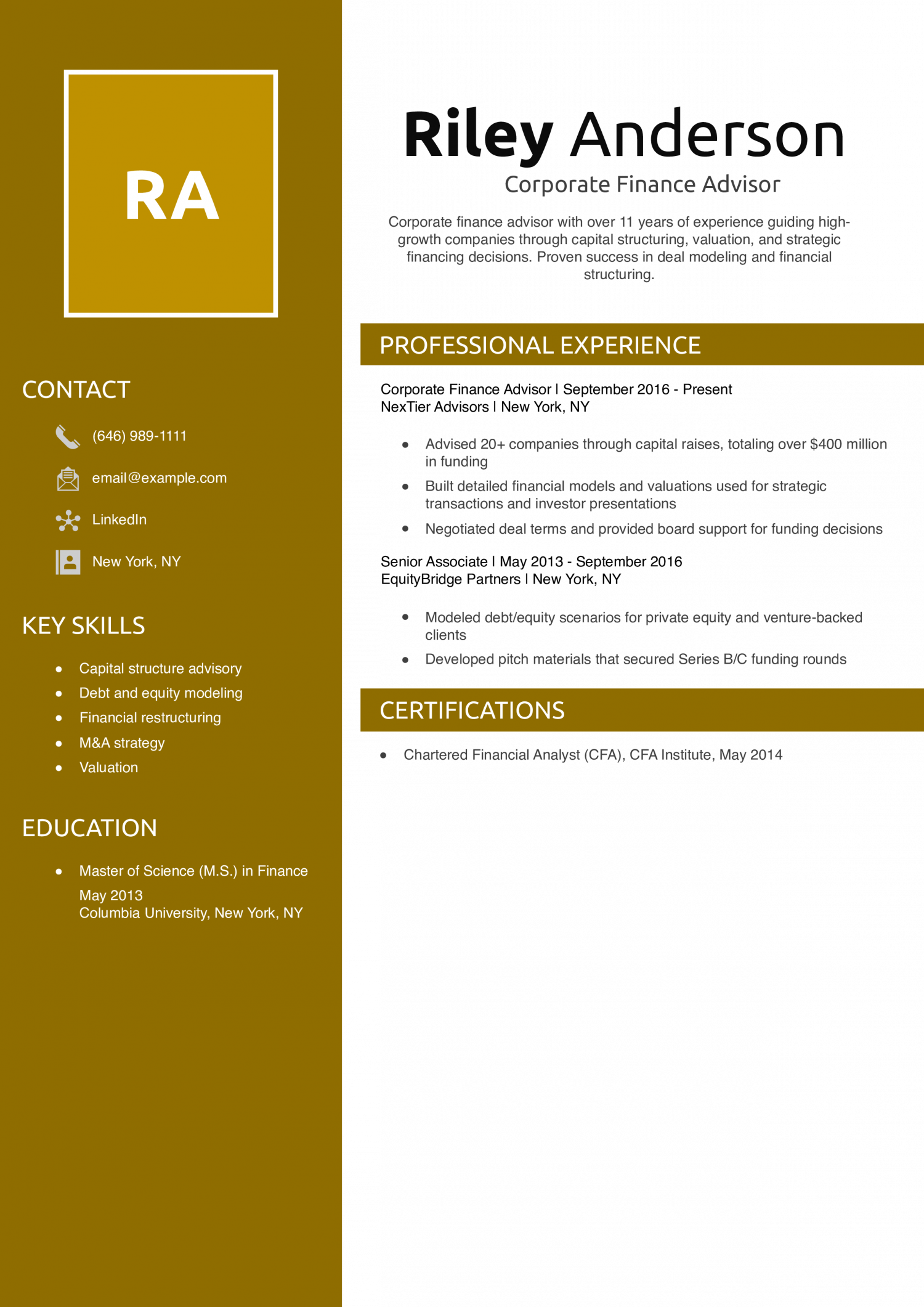 Corporate Finance Advisor Resume Example