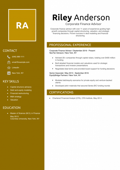 Corporate Finance Advisor Resume Example