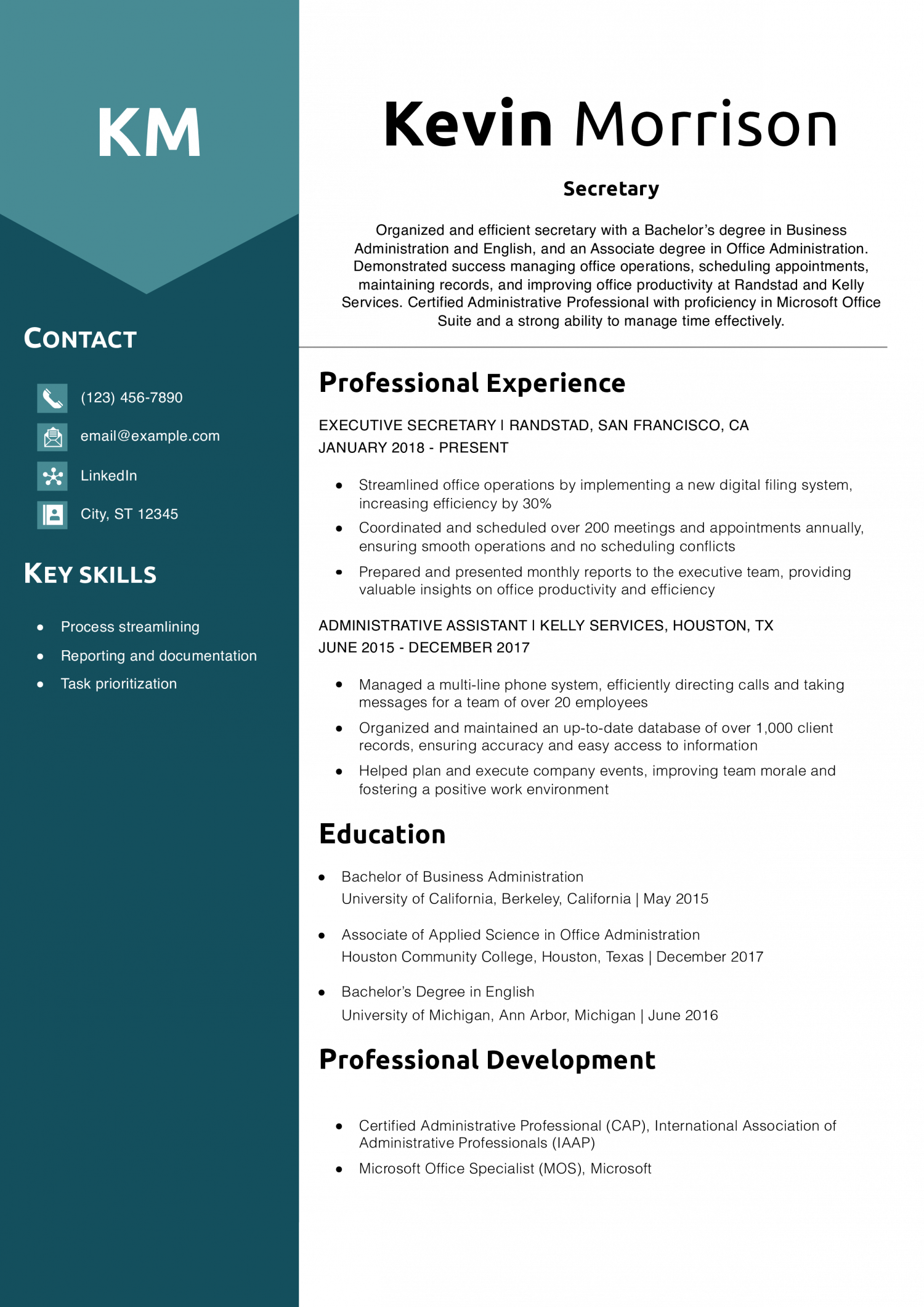 Secretary Resume Example