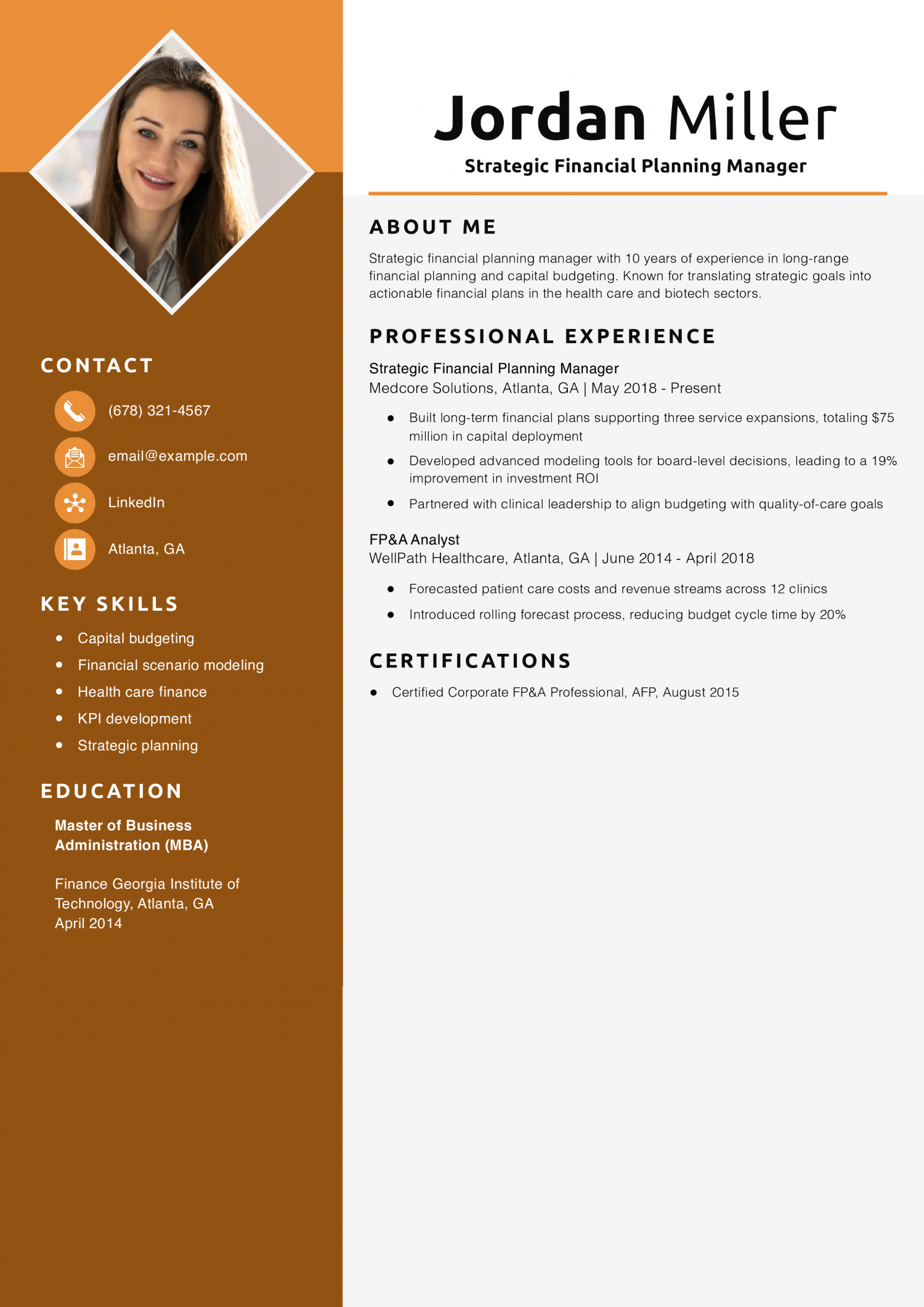 Strategic Financial Planning Manager Resume Example