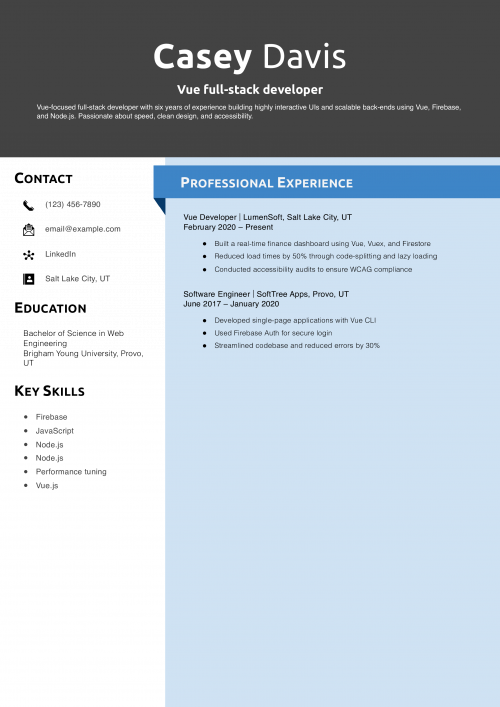 Vue full-stack developer resume example