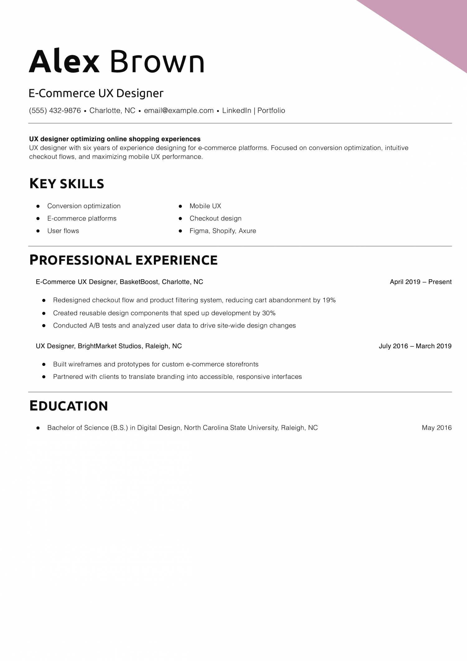 E-Commerce UX Designer Resume Example