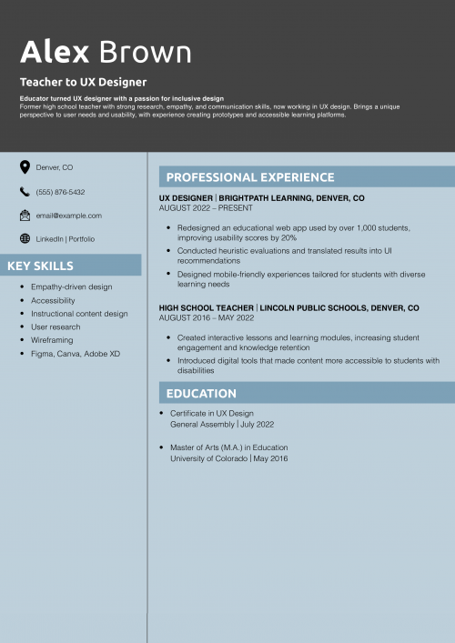 Teacher to UX Designer Resume Example