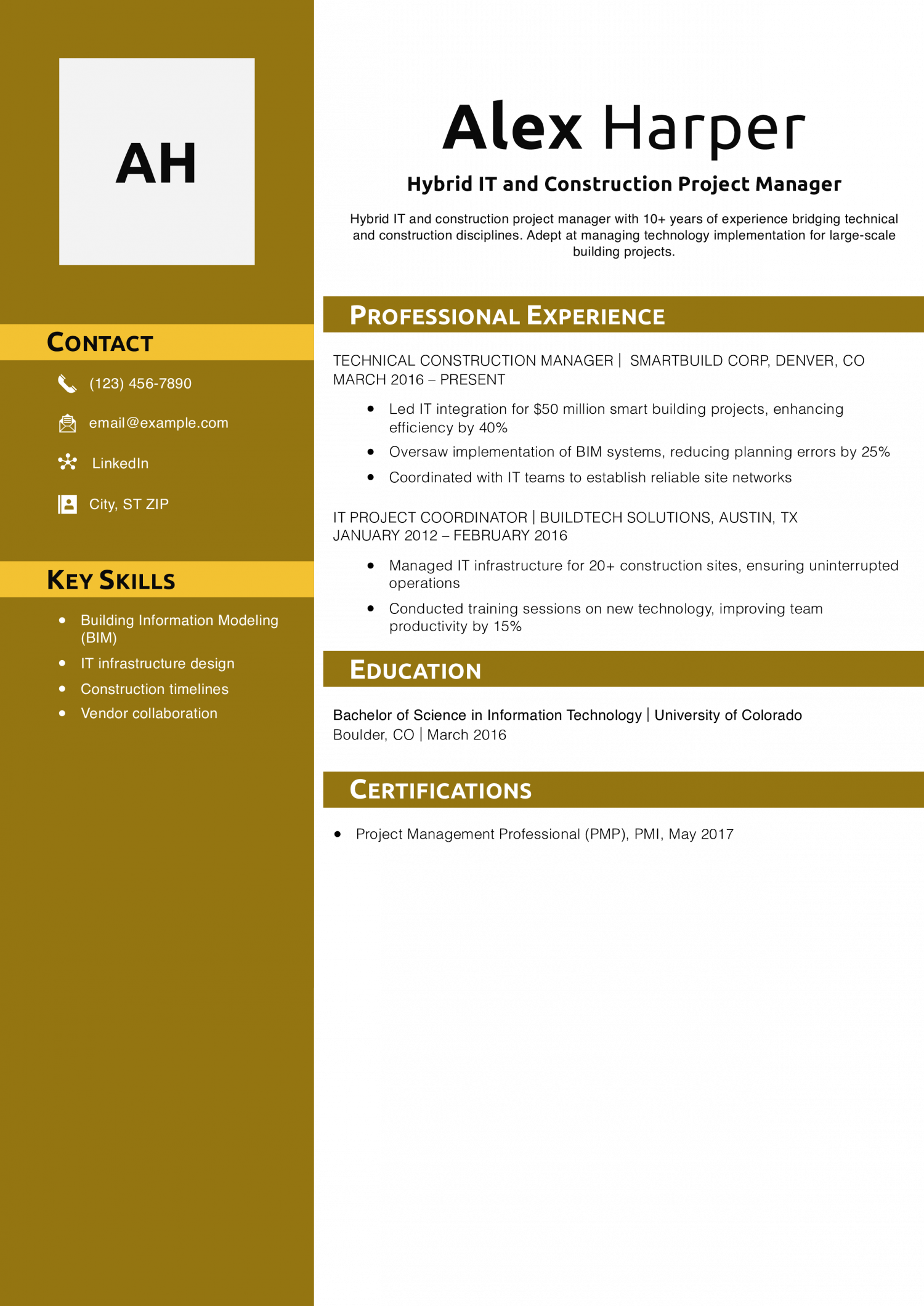 Hybrid IT and Construction Project Manager Resume Example