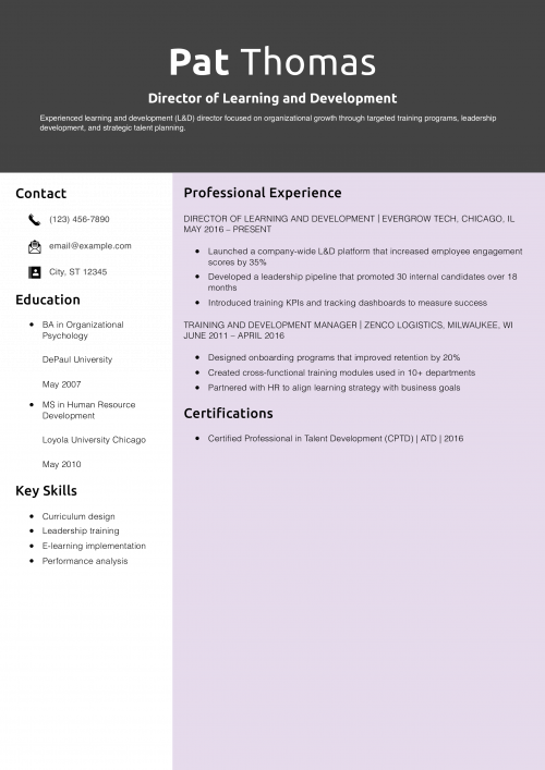 Director of Learning and Development Resume Example