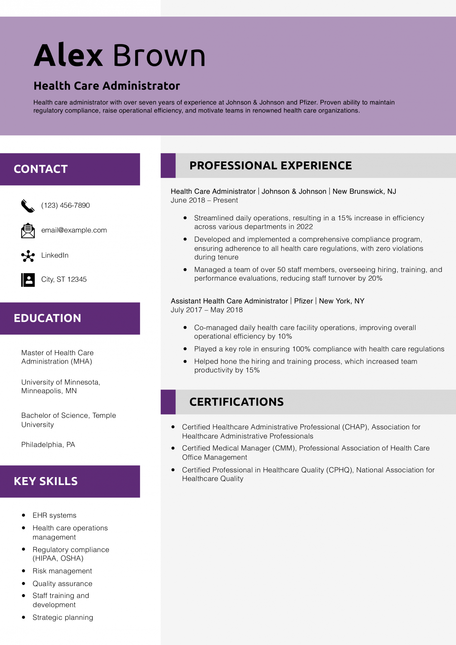 Health Care Administrator Resume Example
