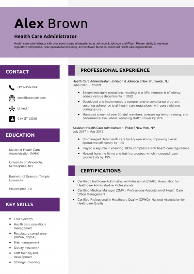 Health Care Administrator Resume Example