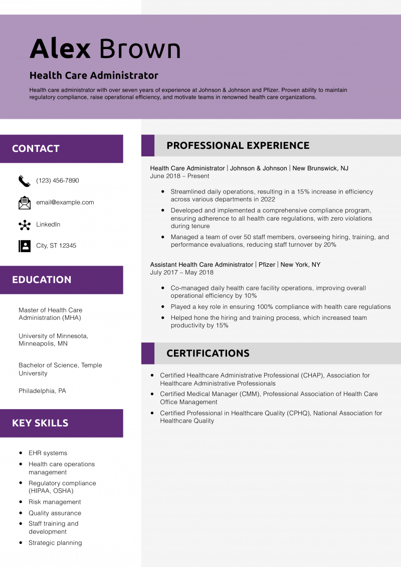 Health Care Administrator Resume Example
