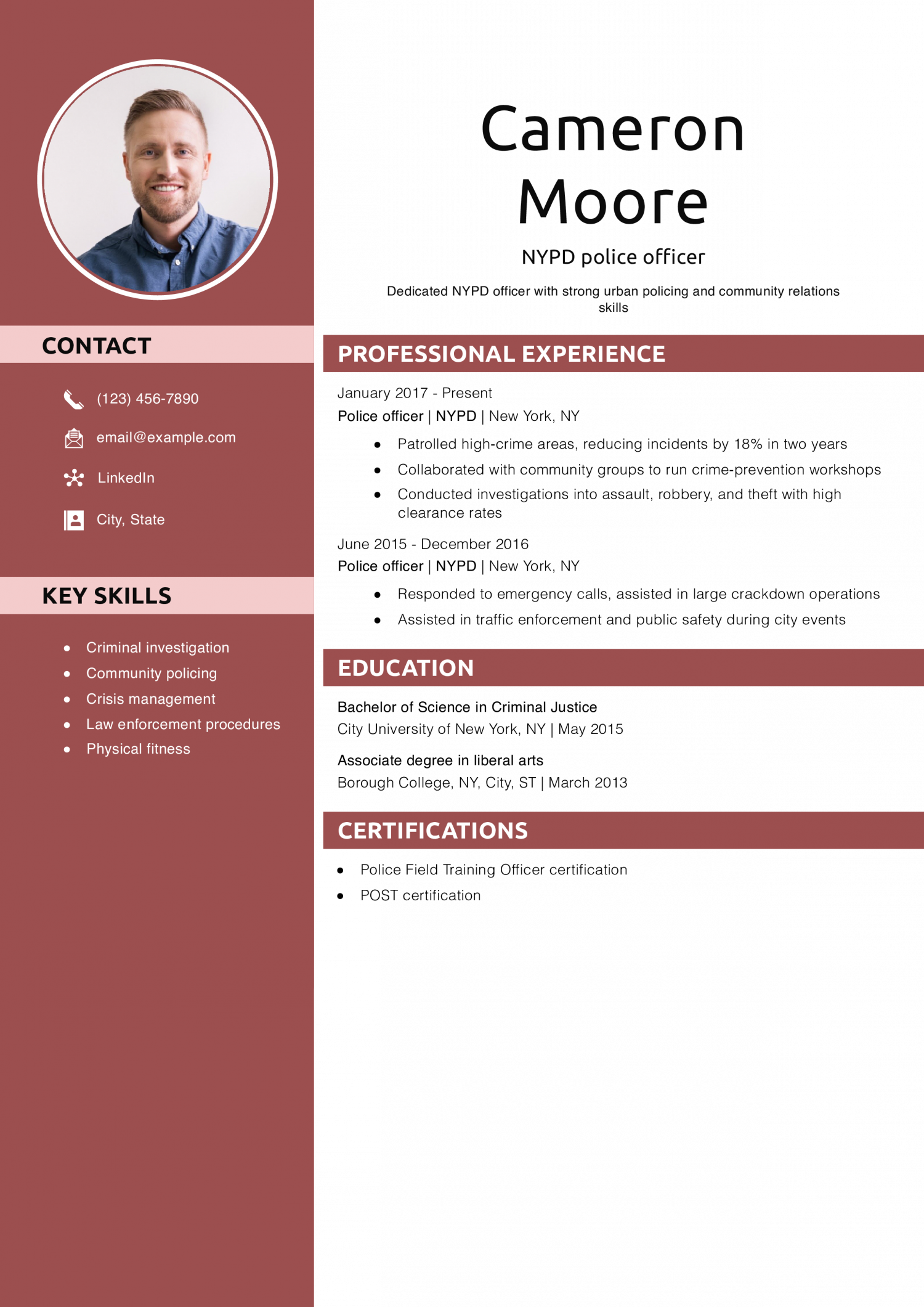 NYPD police officer resume example