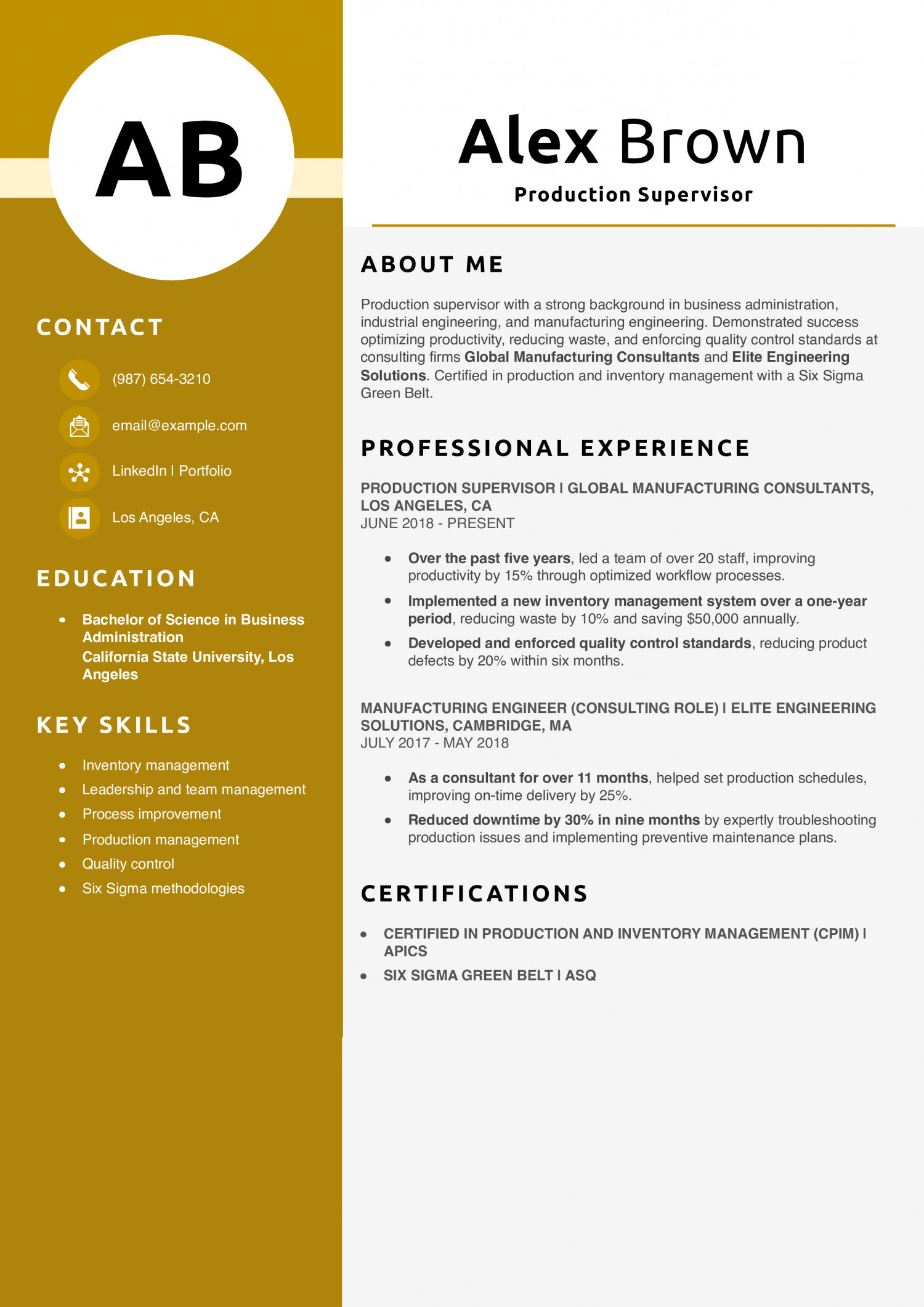 Production Supervisor Resume Example