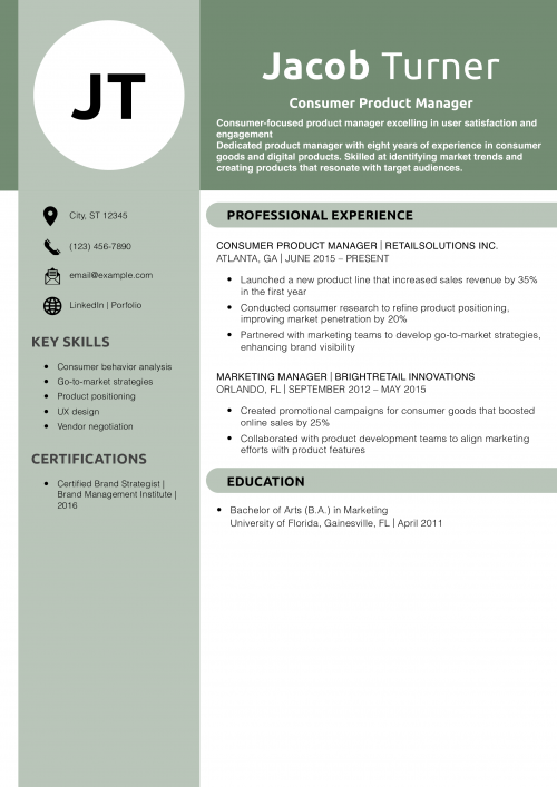 Consumer Product Manager Resume Example