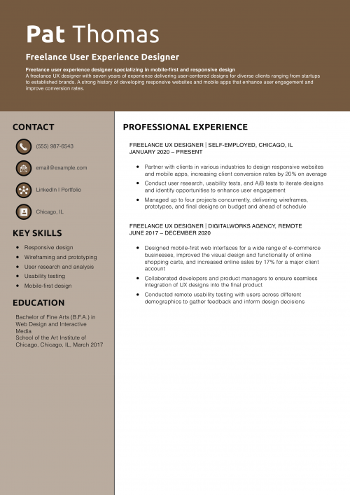 Freelance User Experience Designer Resume Example