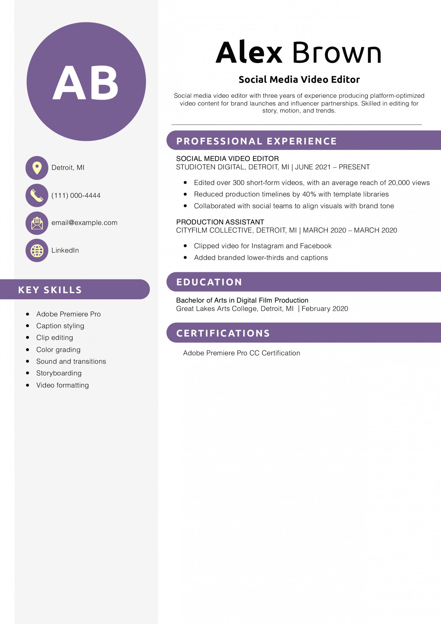 Social Media Video Editor Resume Example