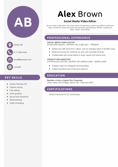 Social Media Video Editor Resume Example