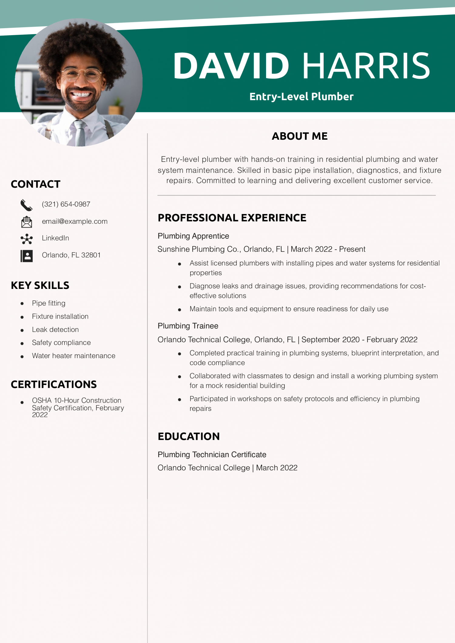 Entry-Level Plumber Resume