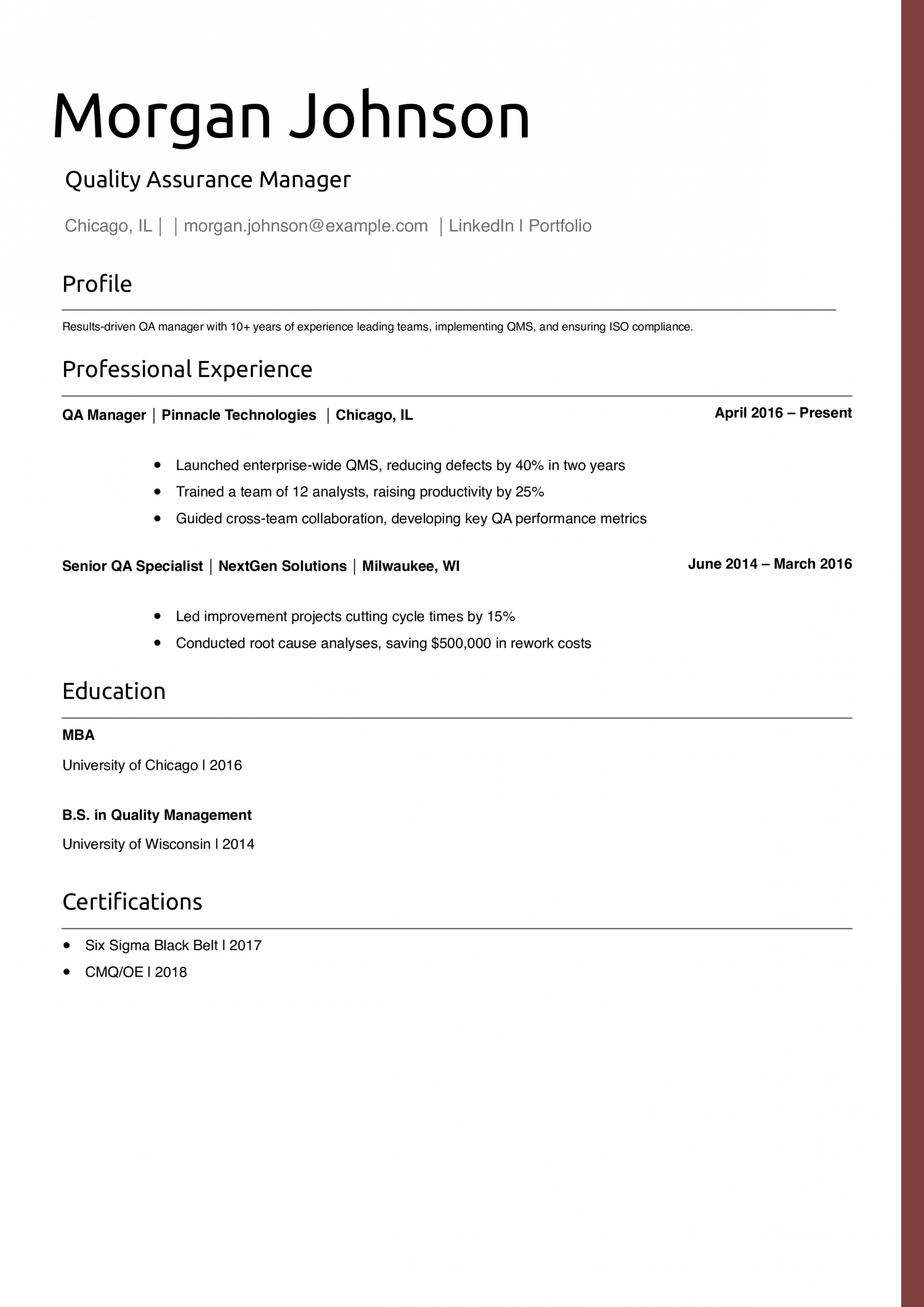 Quality Assurance Manager Resume Example