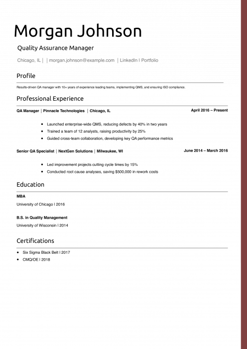 Quality Assurance Manager Resume Example