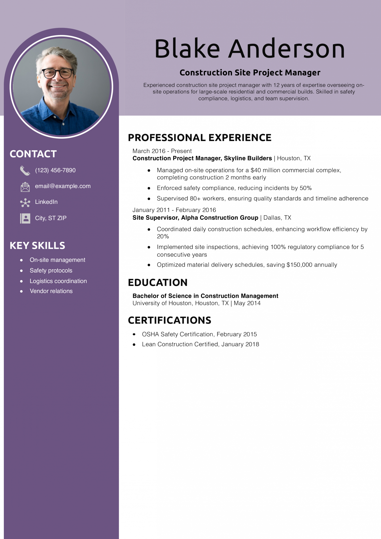 Construction Site Project Manager Resume Example