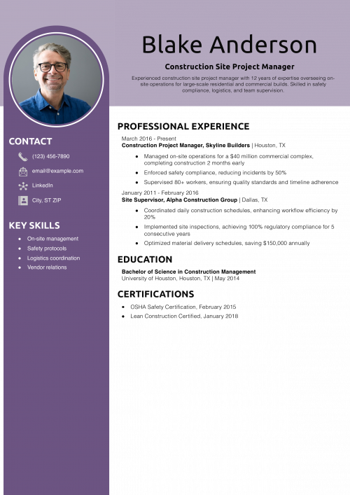 Construction Site Project Manager Resume Example