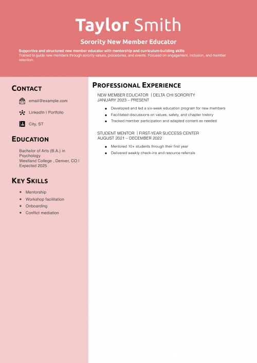 Sorority New Member Educator Resume Example 