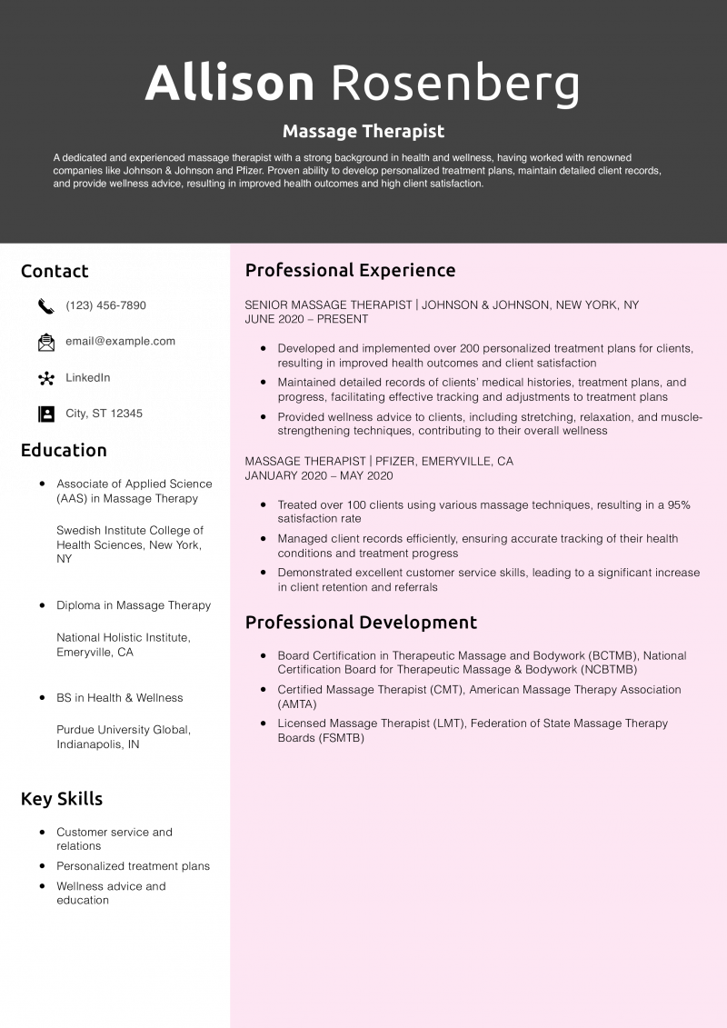 Massage Therapist Resume Example