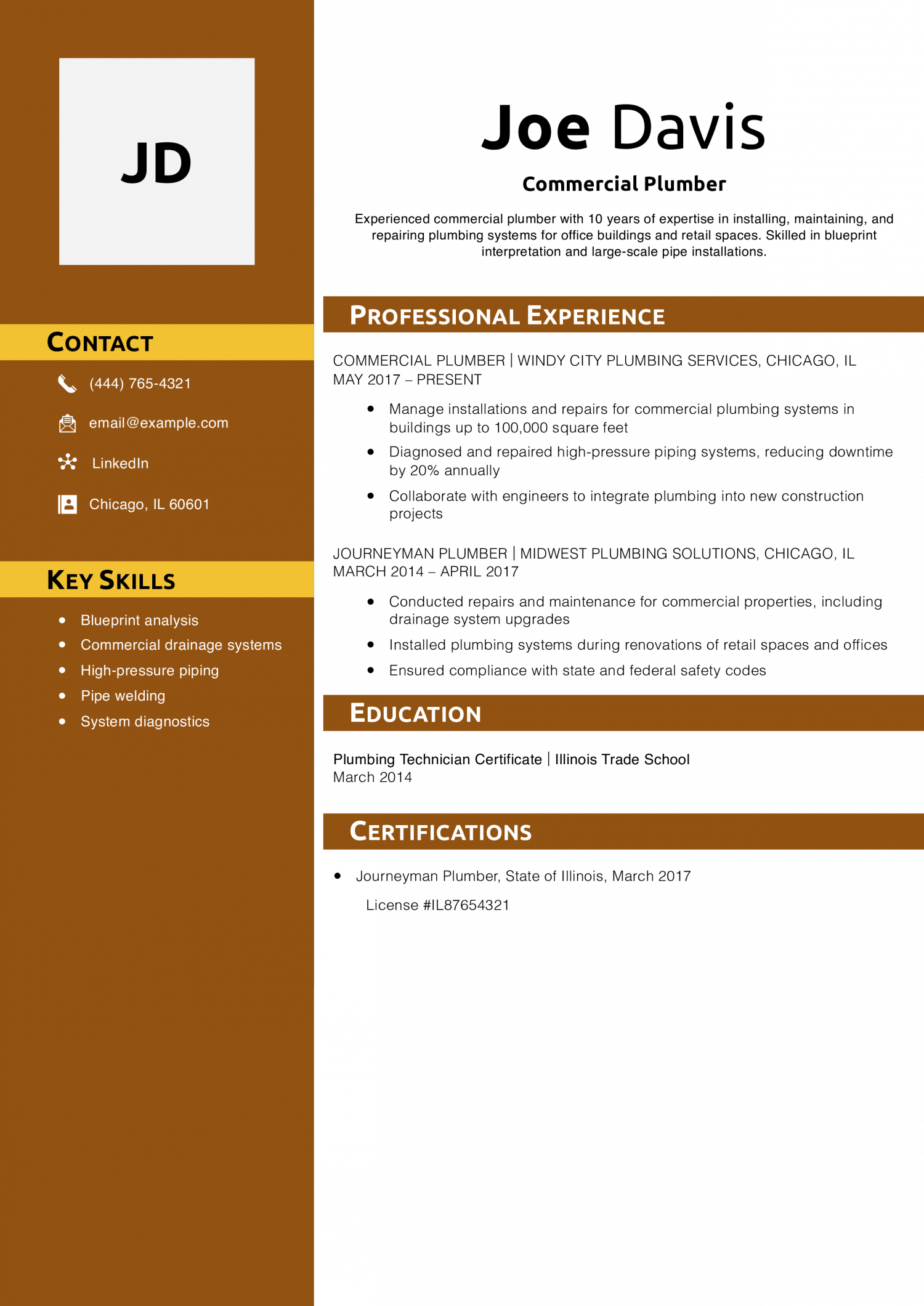 Commercial Plumber Resume Example
