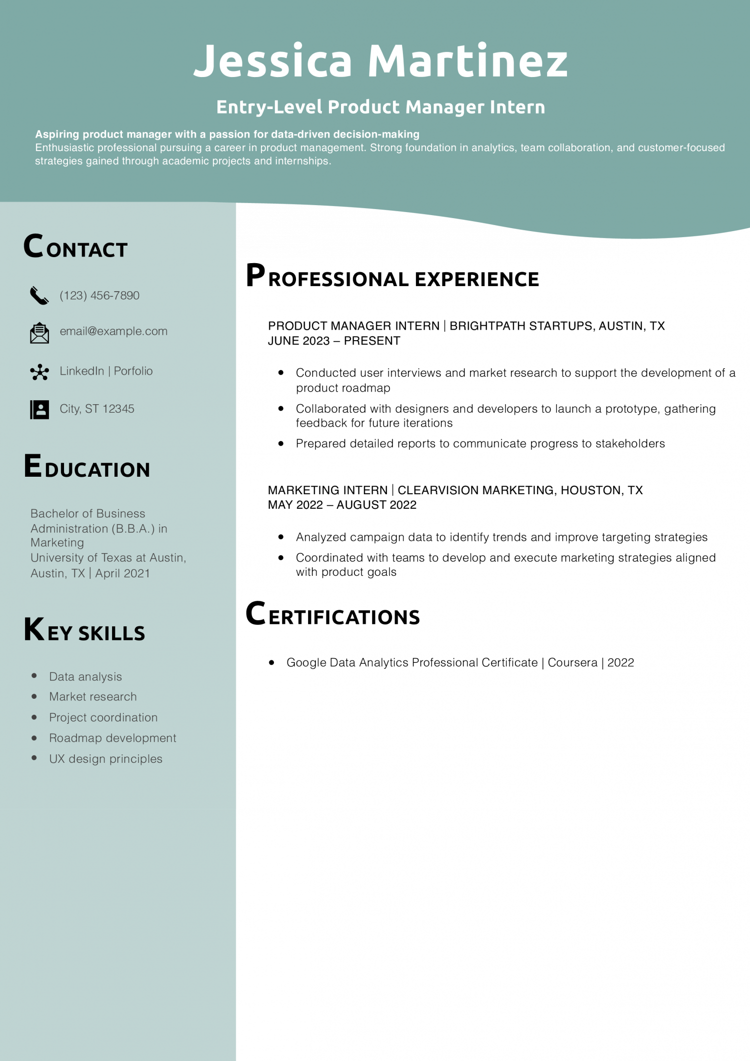 Entry-Level Product Manager Intern Resume Example