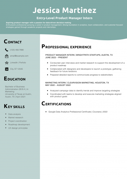 Entry-Level Product Manager Intern Resume Example