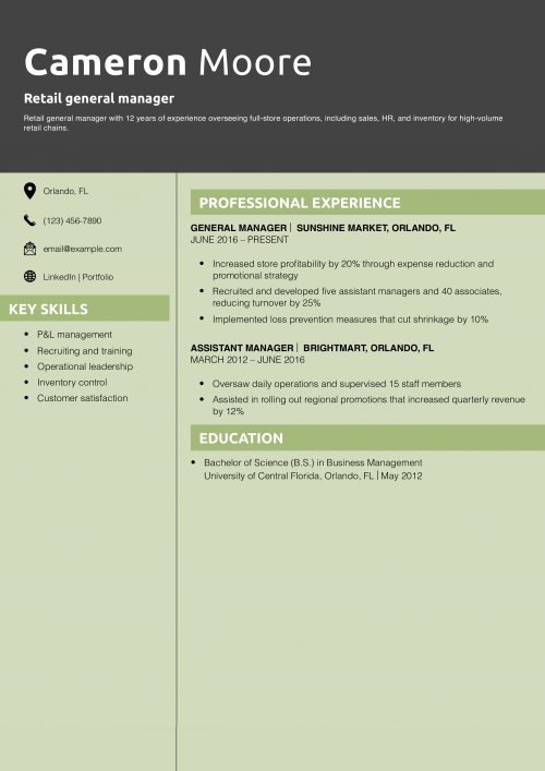 Retail general manager resume example