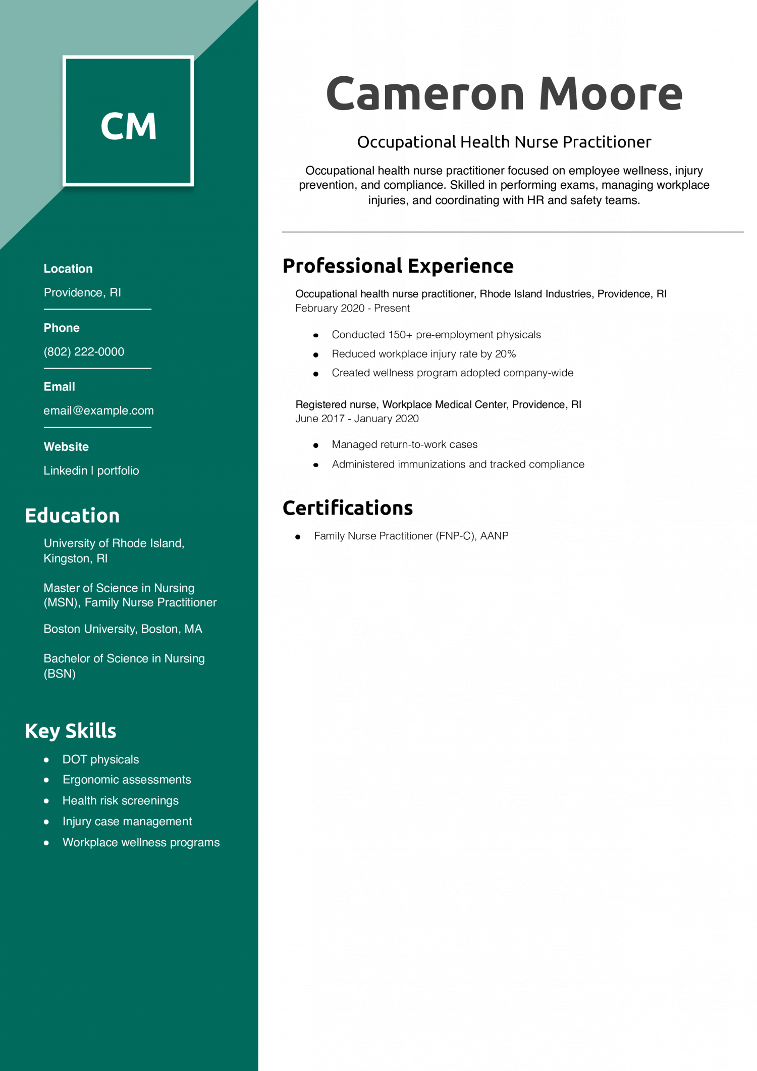 Occupational Health Nurse Practitioner Resume Example