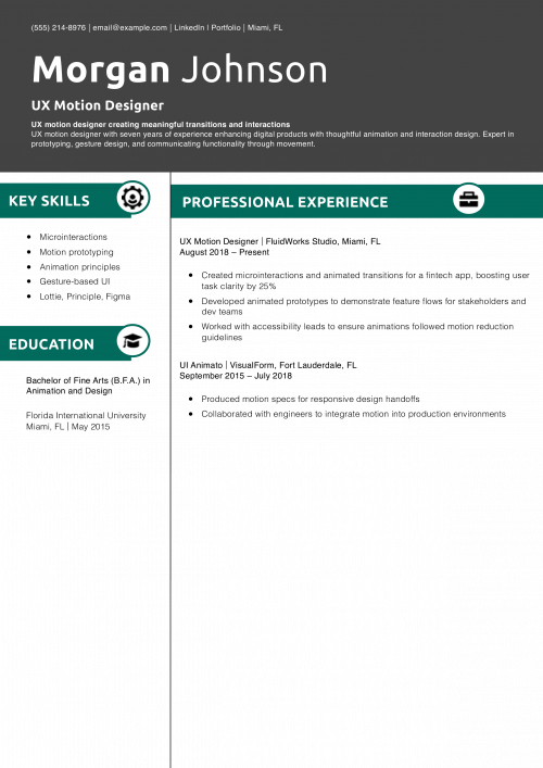 UX Motion Designer Resume Example