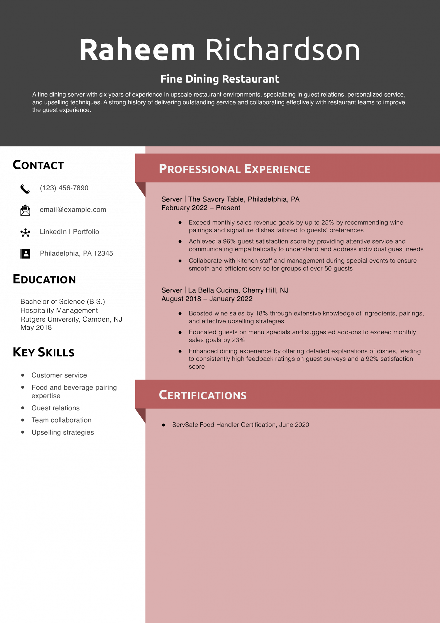 Fine Dining Restaurant Server Resume