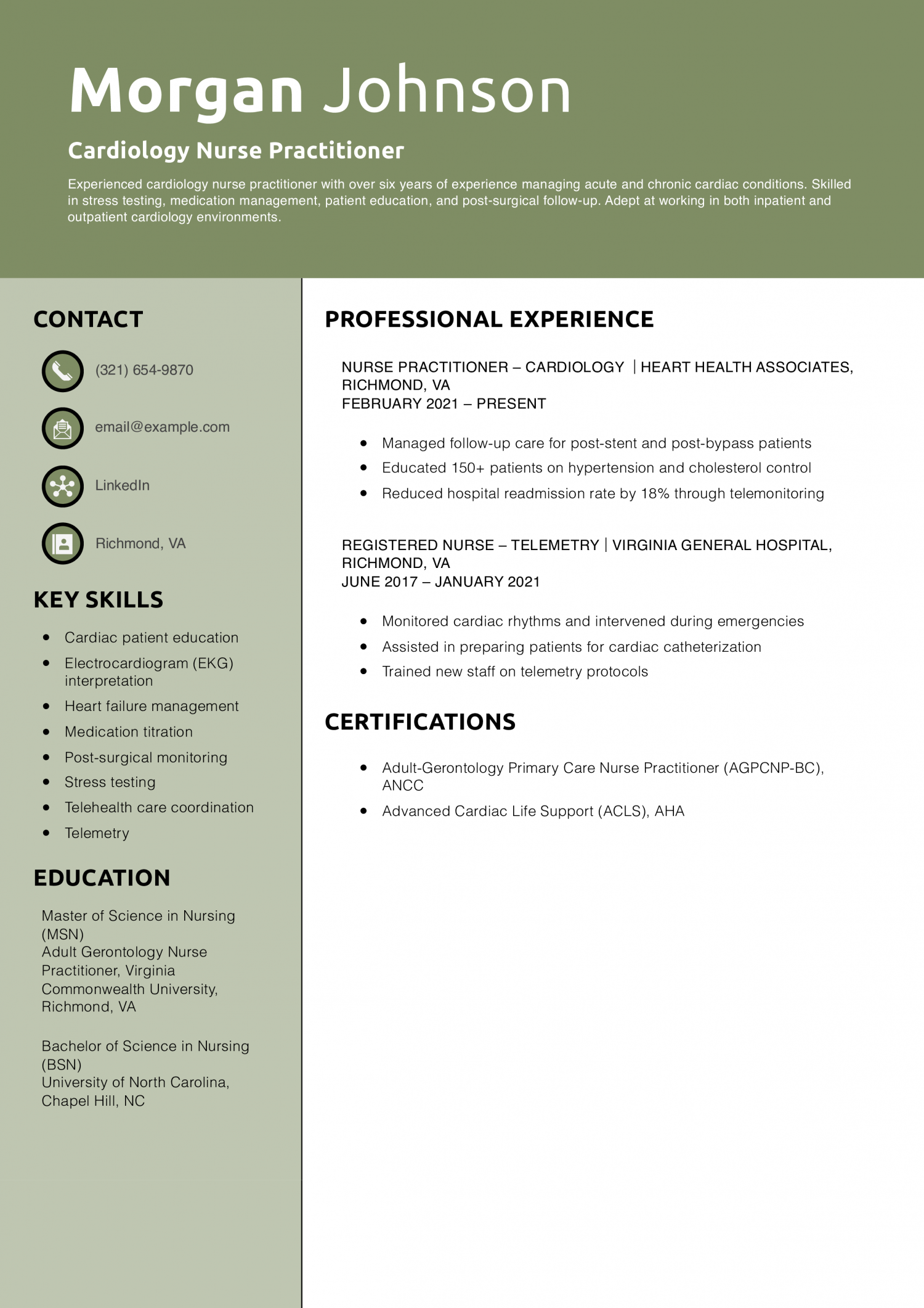 Cardiology Nurse Practitioner Resume Example