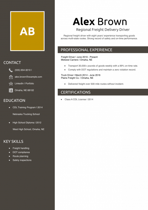 Regional Freight Delivery Driver Resume Example