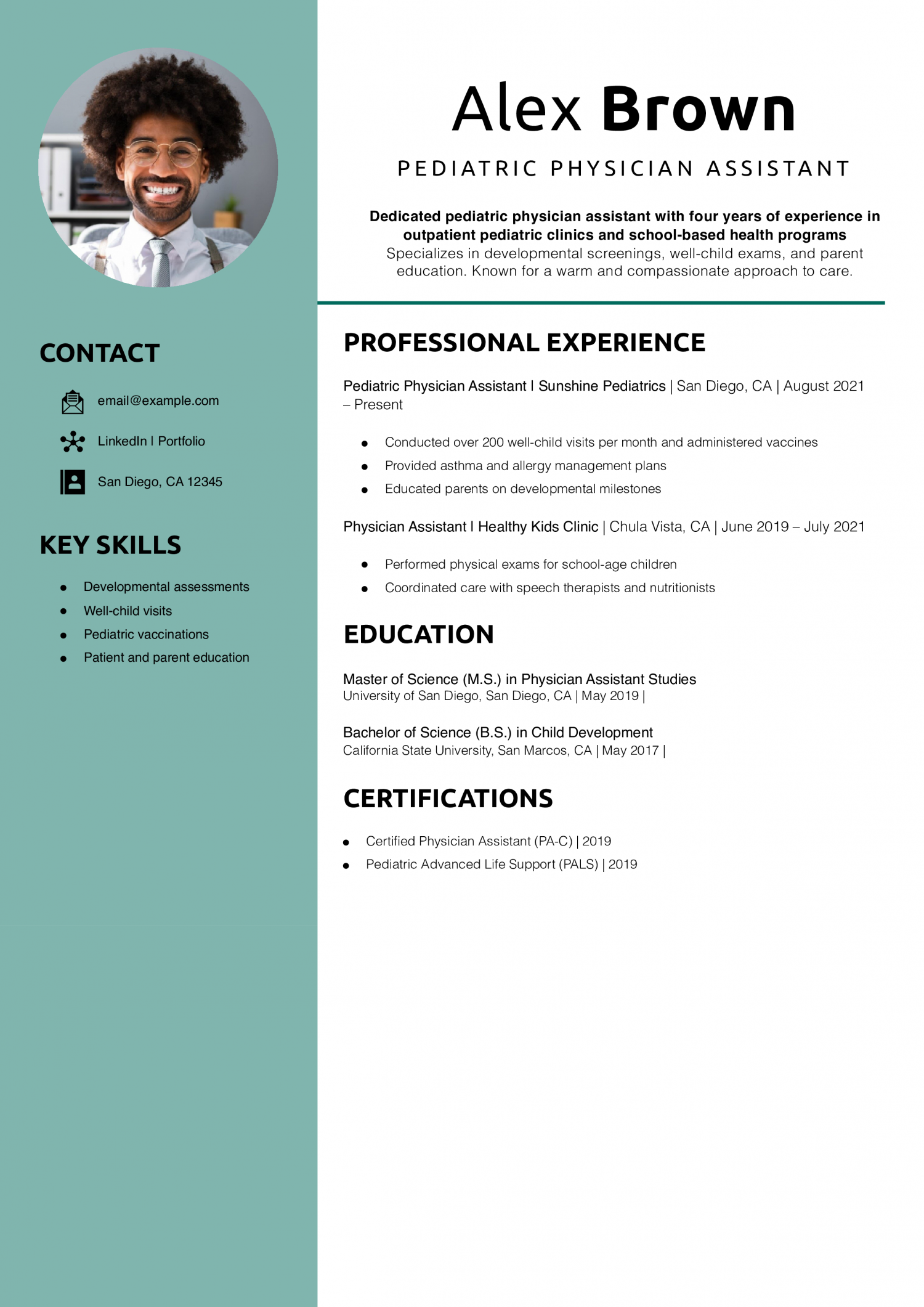 Pediatric Physician Assistant Resume Example