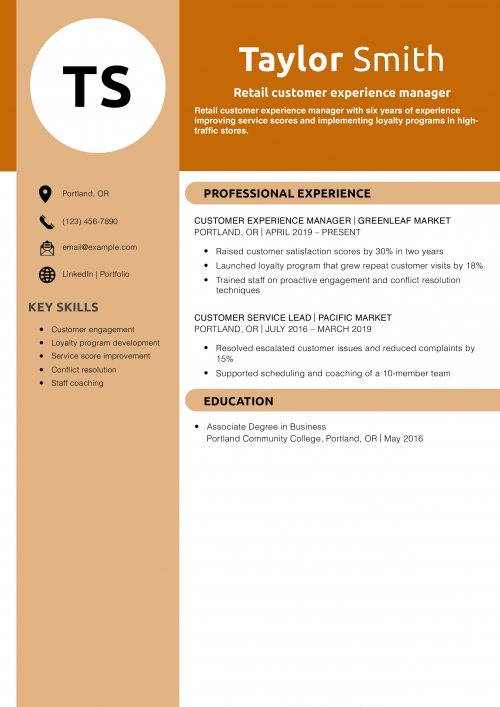 Retail customer experience manager resume example