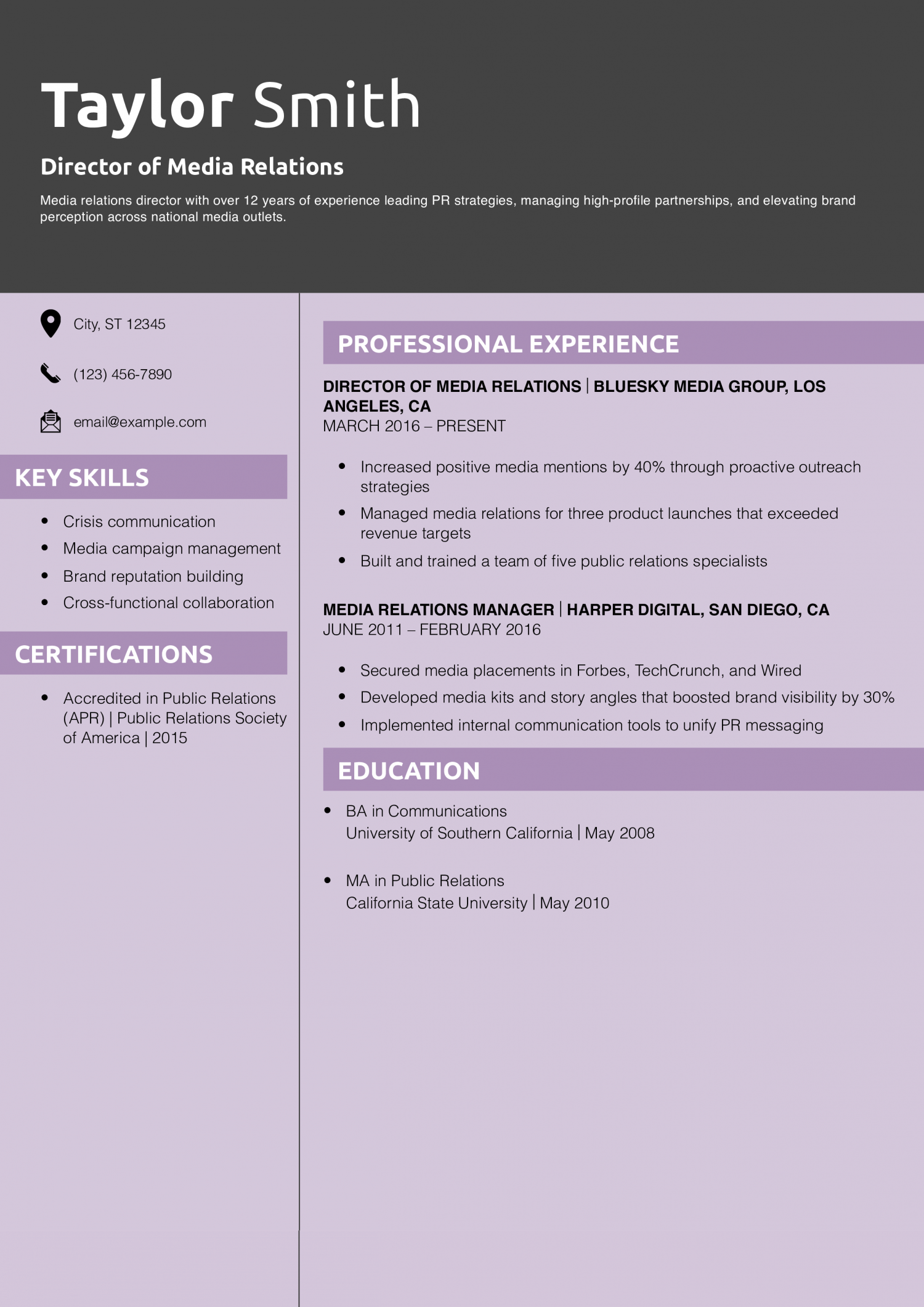 Director of Media Relations Resume Example