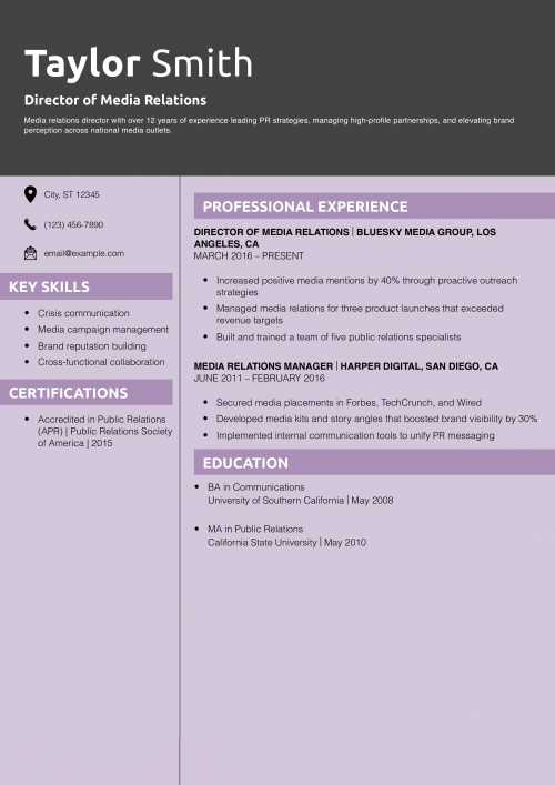 Director of Media Relations Resume Example