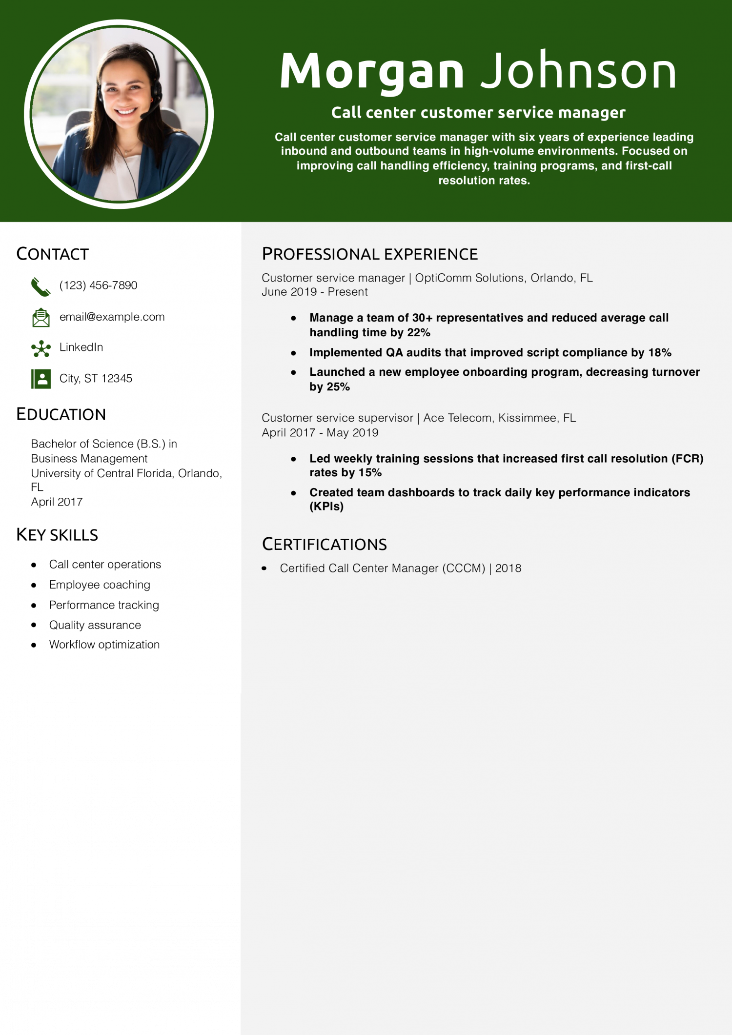 Call center customer service manager resume example