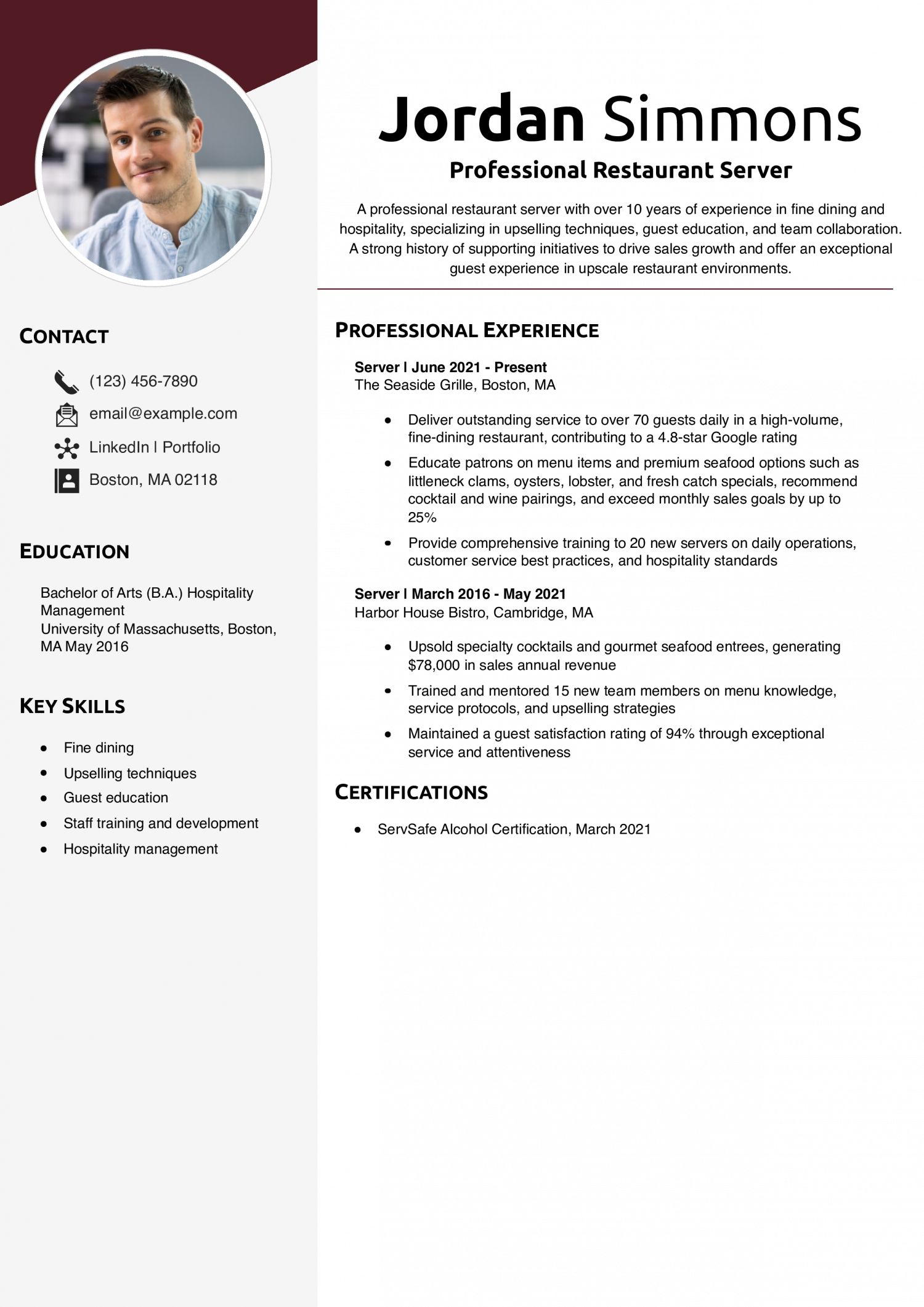 Professional Restaurant Server Resume