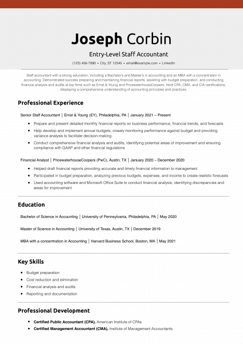 Entry-Level Staff Accountant Resume Example