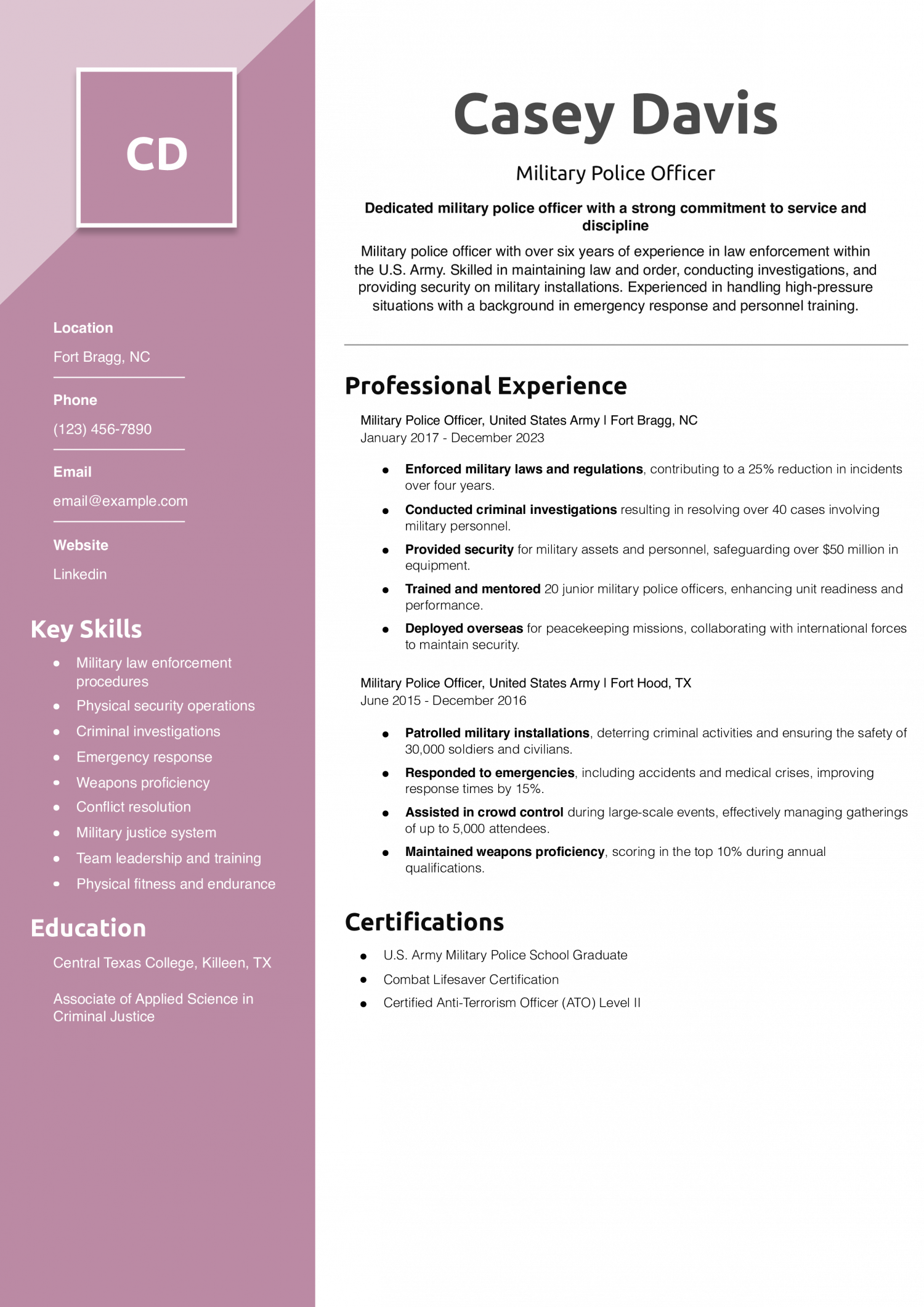 Military Police Officer Resume Example