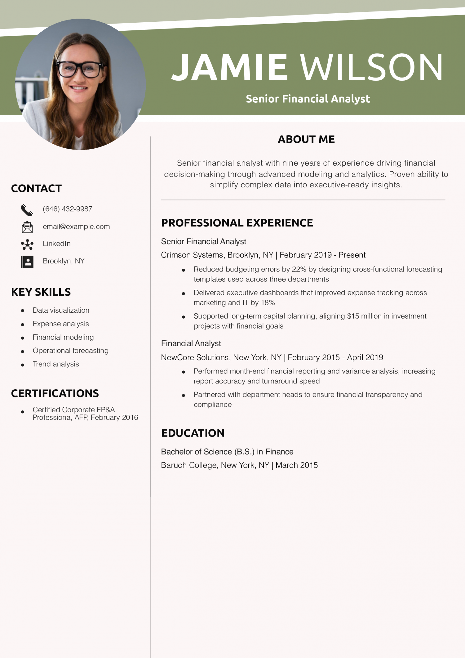 Senior Financial Analyst Resume Example
