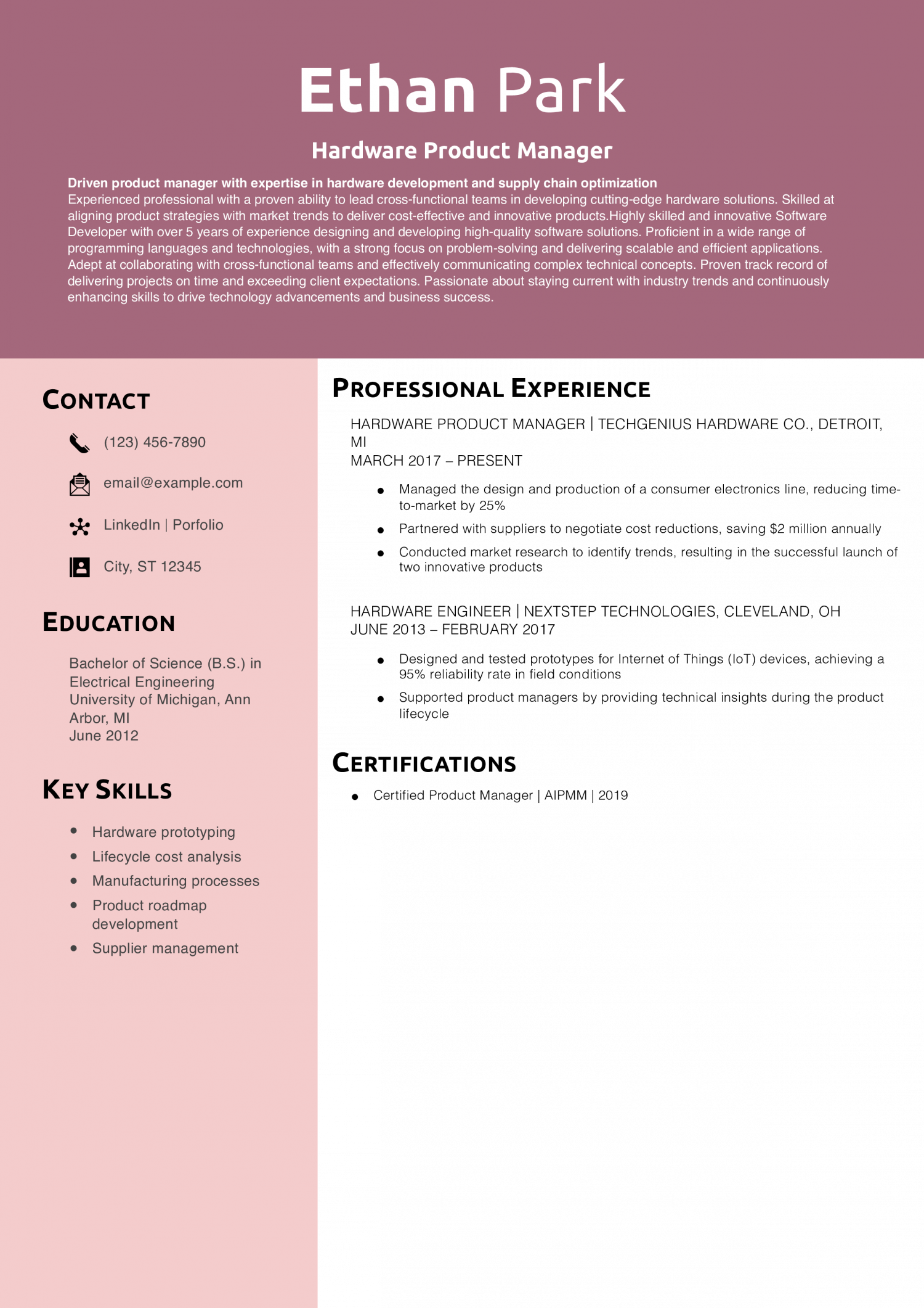 Hardware Product Manager Resume Example