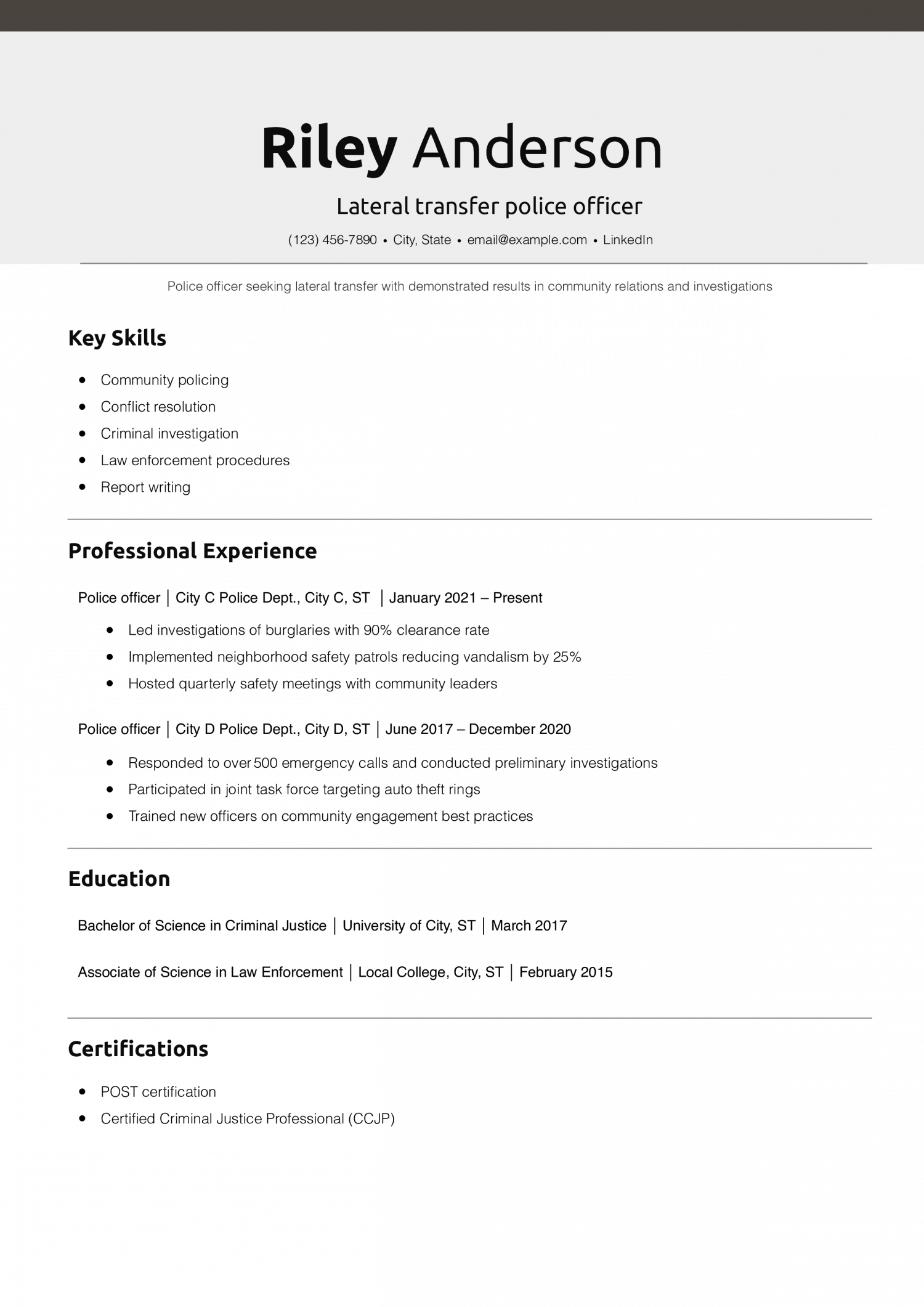 Lateral transfer police officer resume example