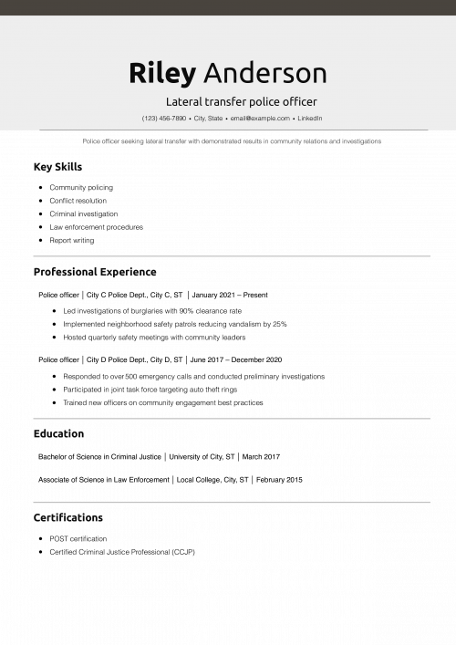 Lateral transfer police officer resume example