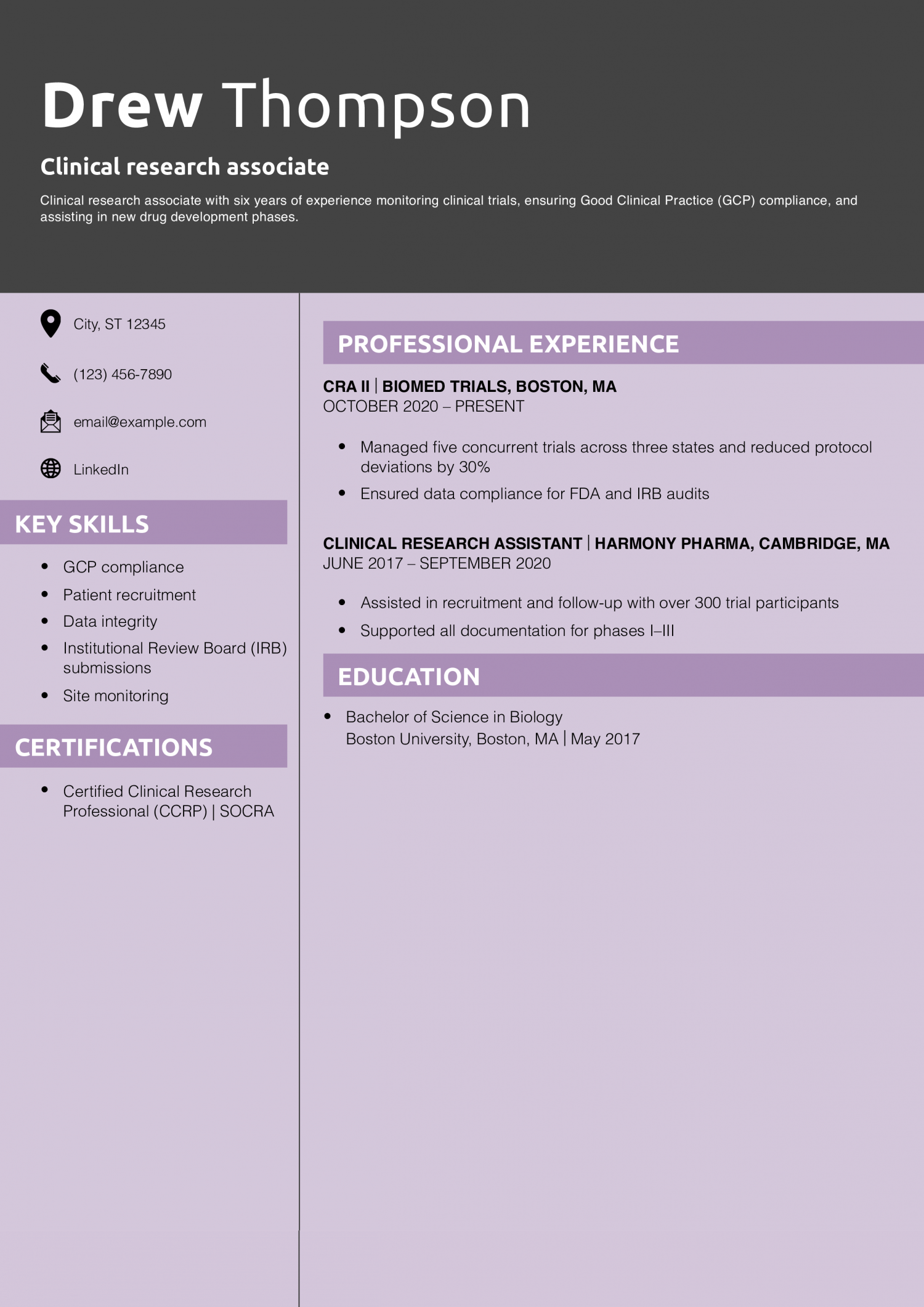 Clinical research associate resume example