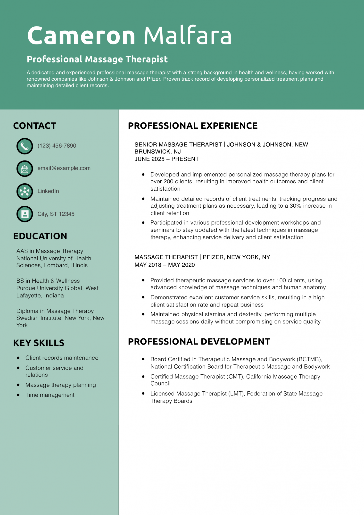 Professional Massage Therapist Resume Example